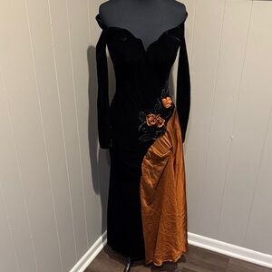 B34 Maick Harold Paris Women Elegant Black and Orange Long Sleeve Dress